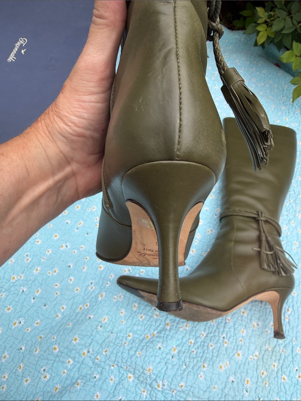 Faconnable Olive Green Knee-High Pointed-Toe Leather Boots - Picture 9 of 12